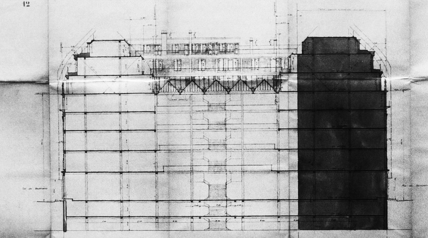 29_Historical longitudinal section, Magasins Esders, 126 Rivoli, H. Berthelot, A. et C. Perret, 1925