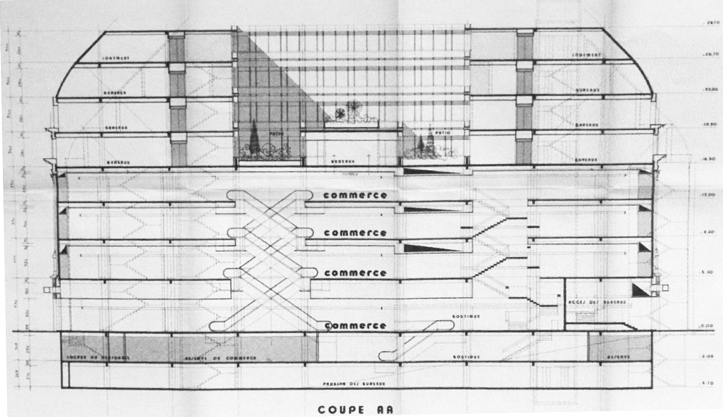 30_Longitudinal section of the restructuration, Magasins Esders, Anthony Béchu, 1973 © DR