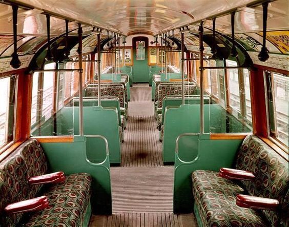 39 Moquette designed by Joy Jarvis on a restored Tube carriage 1938 London Transport Museum
