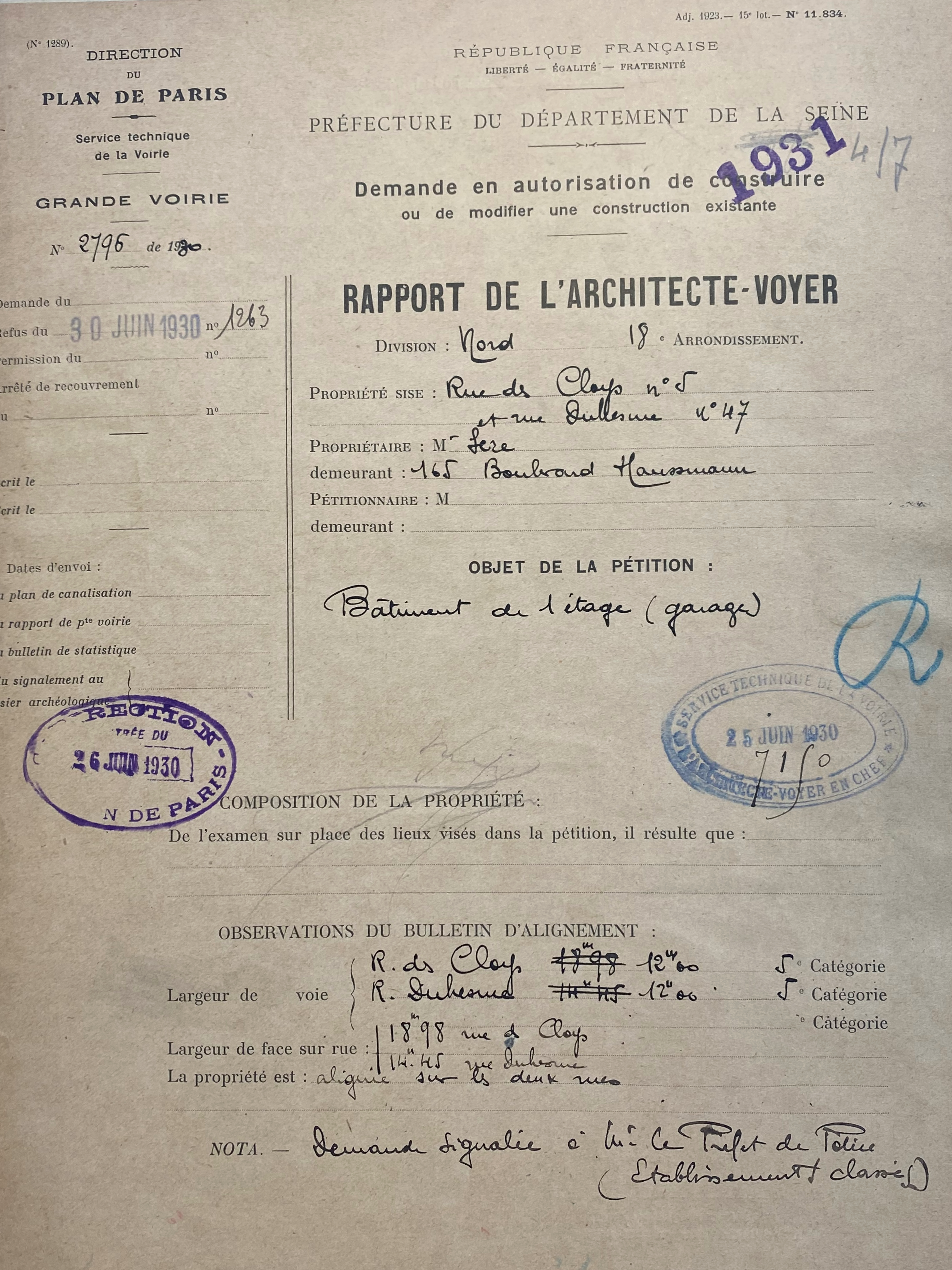 51. Application for building permit, Report of the Architect-Surveyor, 1930 © DR
