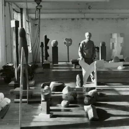 4 Isamu Noguchi with sculptures in his Long Island City storage space 1980 Al Mozell