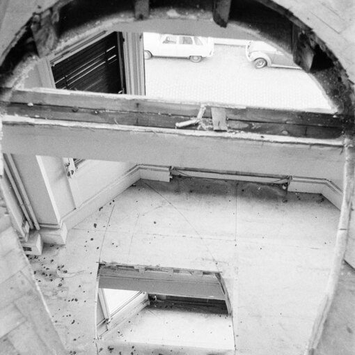 22 Beaupassage Office Baroque 5th Floor looking down Documentation of the action 22 Office Baroque22 made in 1977 in Antwerp Belgium 1977 Gordon Matta Clark photo Florent Bex