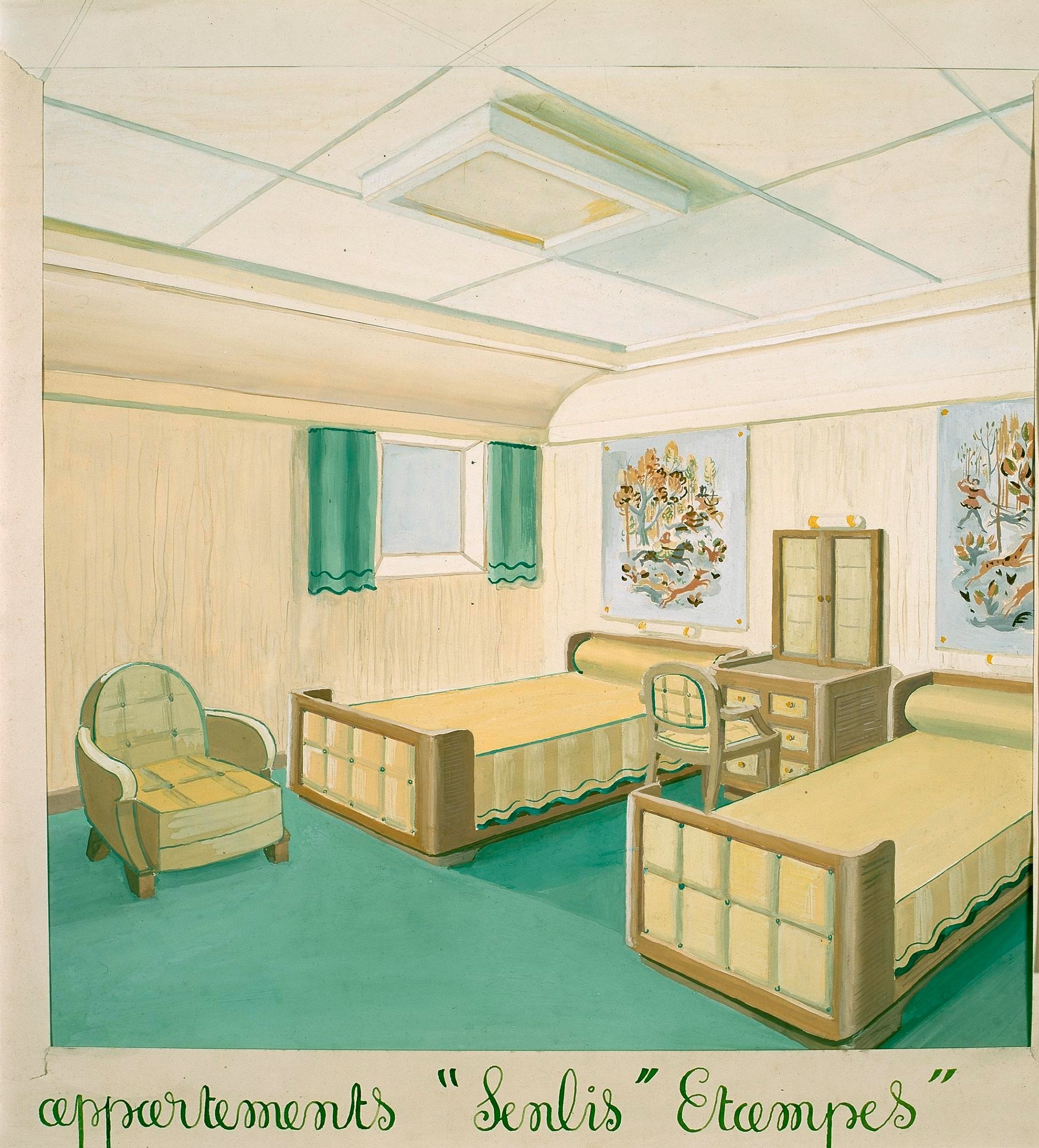 10 Project for the luxury apartments in Senlis and Étampes, drawing, Paquebot Île de France, 1949 ©DR