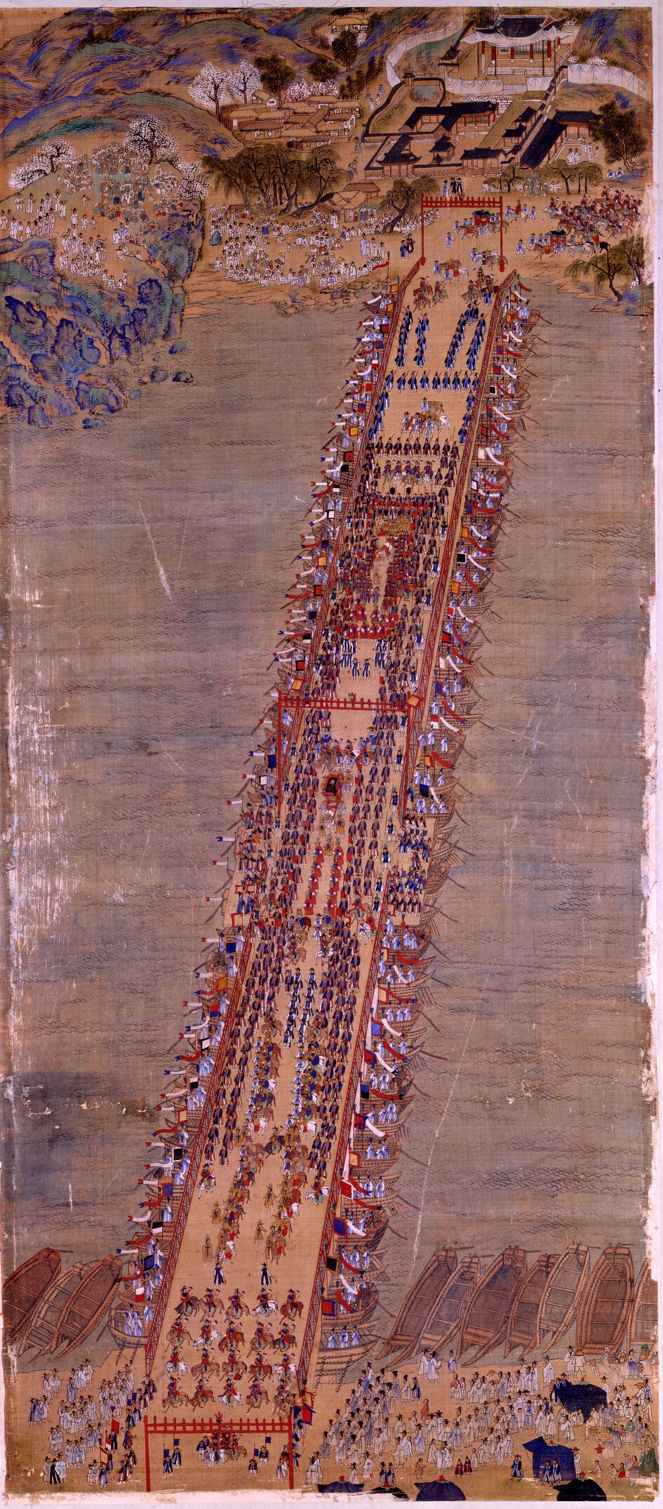 32 Eight day procession led by King Jeongjo Procession Crossing the Han River over a Pontoon Bridge at Noryangjin 1795 Unknown