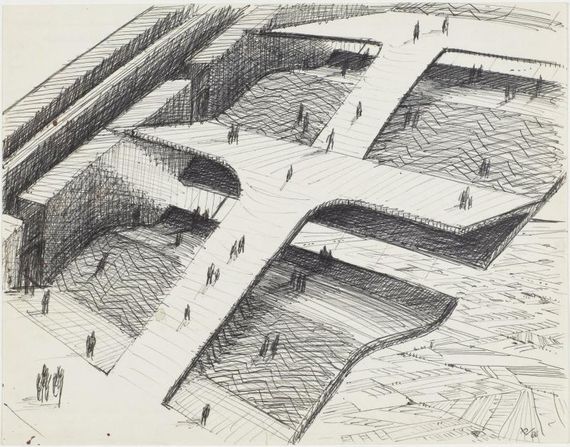 38_Habitat on an inclined plane with silhouettes, Paul Virilio, 1965–1966 © Sophie Virilio